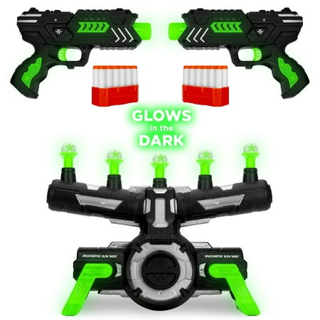 Best Choice Products Glow-in-the-Dark Foam Dart Gun Blasters & Floating Target Set w/ 24 Darts, 2 Guns & Dart Clips,