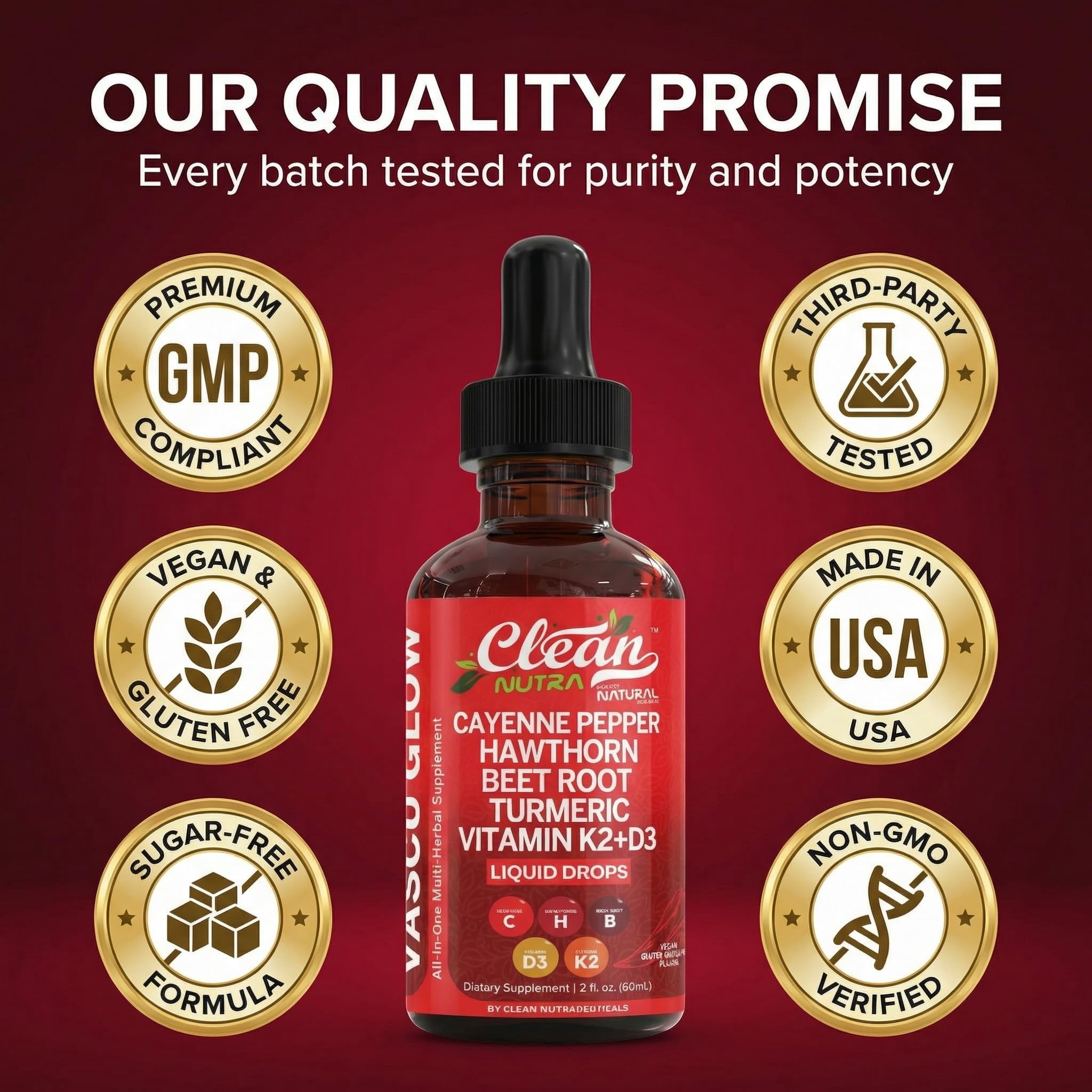 Clean Nutra Cayenne Pepper Drops Supplement Liquid + Hawthorn Berry, Vitamin D3 K2 Beet Root Powder, Ceylon Cinnamon, Turmeric Curcumin, Organic Panax Ginseng, Berberine Extract 1  3 Pack