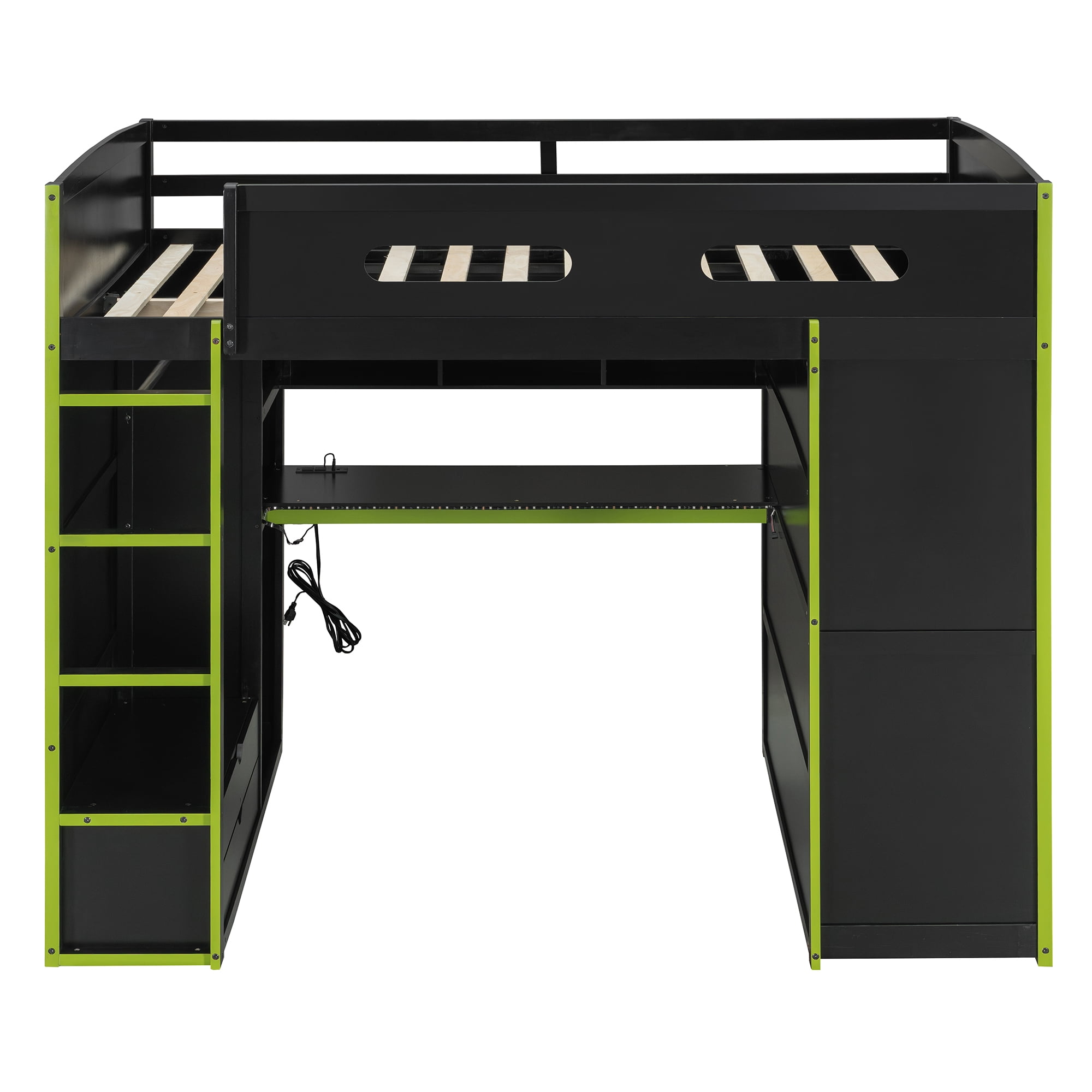 Aukfa Full Size Gaming Loft Bed, Esports Bed Frame with Desk, Wardrobe, RGB LED Lights & Charging Station, Shelves, Green