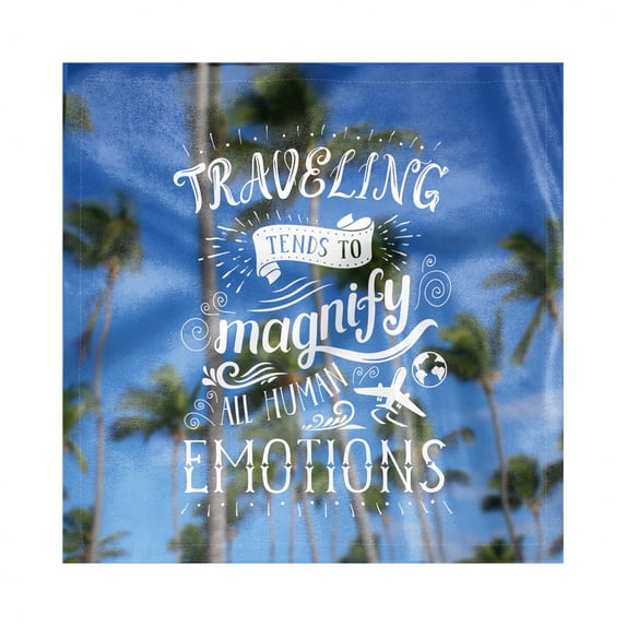 Beach Saying Decorative Satin Napkins Set of 4, Hand Lettering Travel Words with Airplane on Blurry Palm Background, Square Fabric Party & Dinner Napkin, 12", Blue Green and White, by Ambesonne