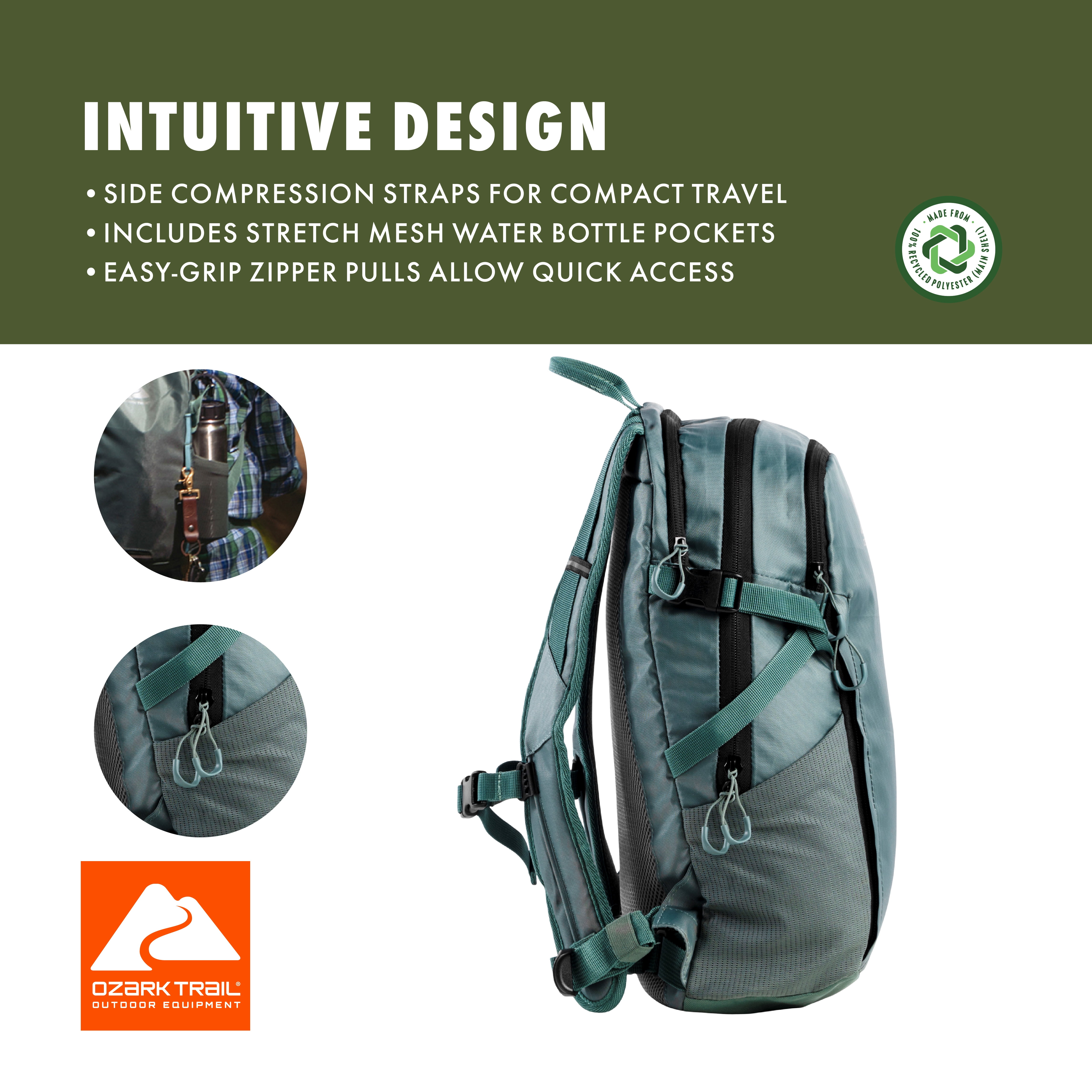Ozark Trail 14L Adult/Teen Polyester Juniper Daypack Backpack, Green
