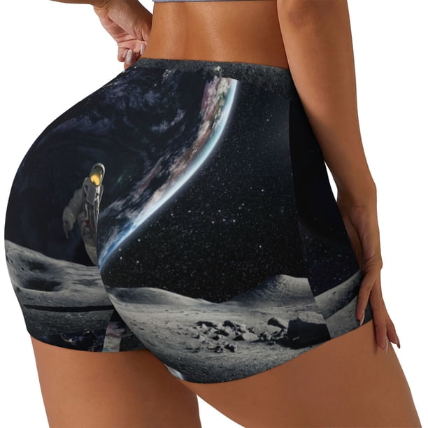 Fotbe Astronaut Standing In The Moon Shorts Sin Costuras – Shorts Deportivos de Cintura Alta para Mujer, Elásticos para Gimnasio, Yoga, Running o Ciclismo-Small
