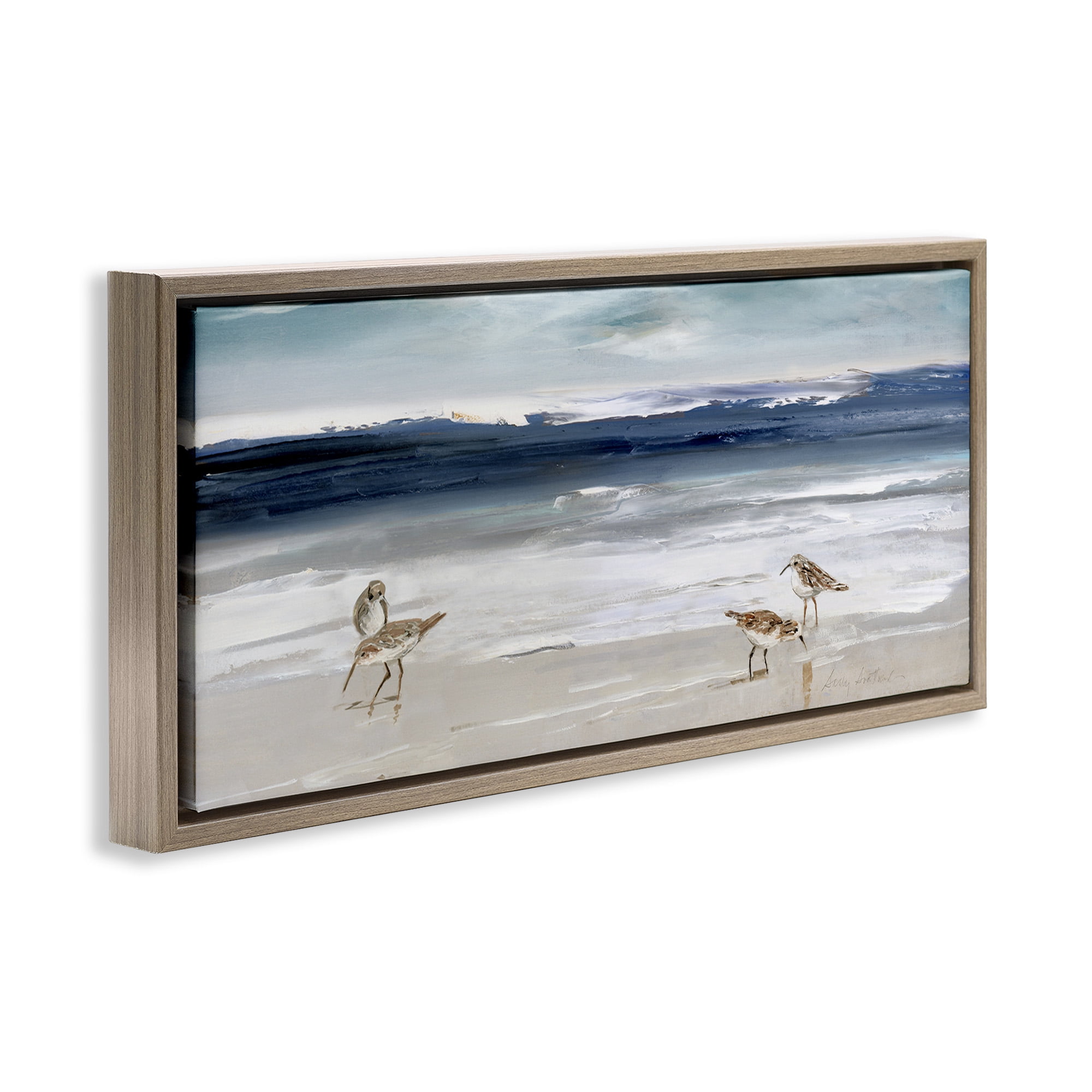 Stupell Industries Sandpipers Grazing Sea Shore Nature Painting Brown Floater Framed Canvas Art Print Wall Art, 31 x 14