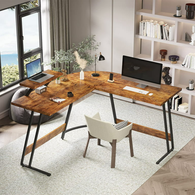 Vineego L-Shaped Computer Desk Modern Corner Desk with Small Table,Rustic  Brown 