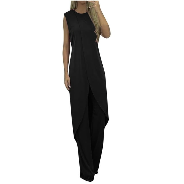 Ladies Summer Fashion Casual Loose Round Neck Sleeveless Solid Wide Leg Linen Suit