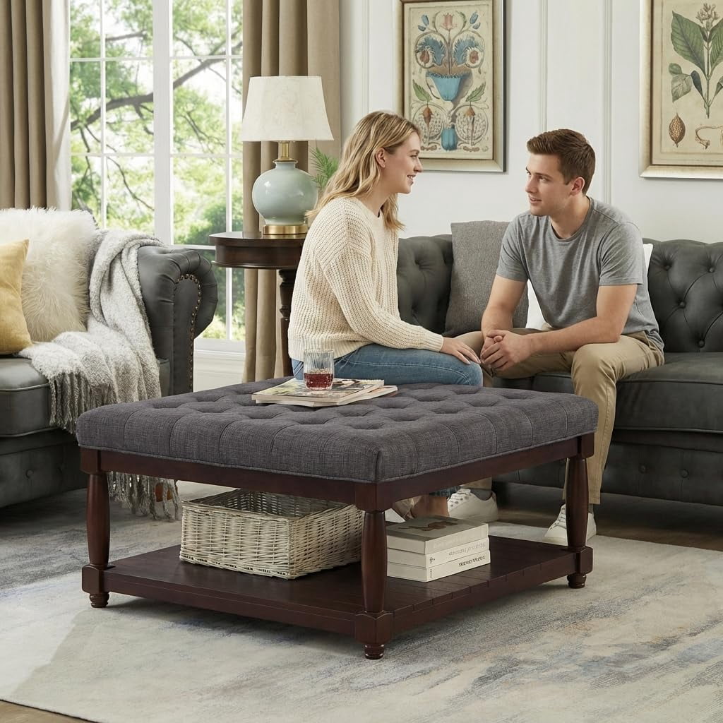 ODUWA Coffee Table Ottoman with Storage Shelf, Tufted Upholstered Footrest Stool, Solid Wood Base Accent Table for Living Room