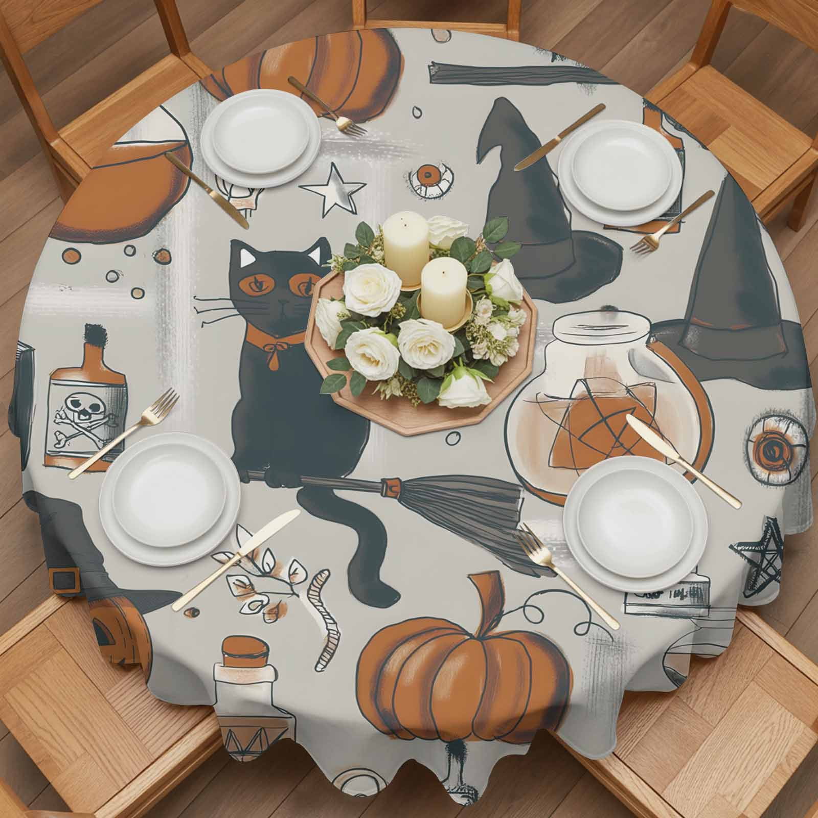 Round Tablecloth Vintage Halloween Pattern Waterproof Oil Proof Polyester Table Cloth Cover Decor for Home Dining Outdoor,Patio,Parties, 54" Dia. Pumpkin Witch Hat Black Cat