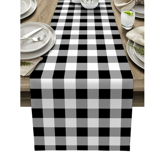 Table Runner Dresser Scarves 90 Inch Long, Farmhouse Black and White Buffalo Plaid Linen Dining Table Runners Farm Lattice Tartan Tabletop Scarf for Wedding Holiday Party Kitchen