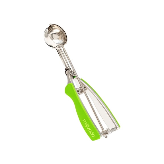 Millvado Stainless Steel Ice Cream and Cookie Scoop | Small Sized, With Green Rubber Grips, Spring Loaded Lever Design, For Sorbet, Melon, Meatballs, Muffins, and More, 1 Ounce Scooper