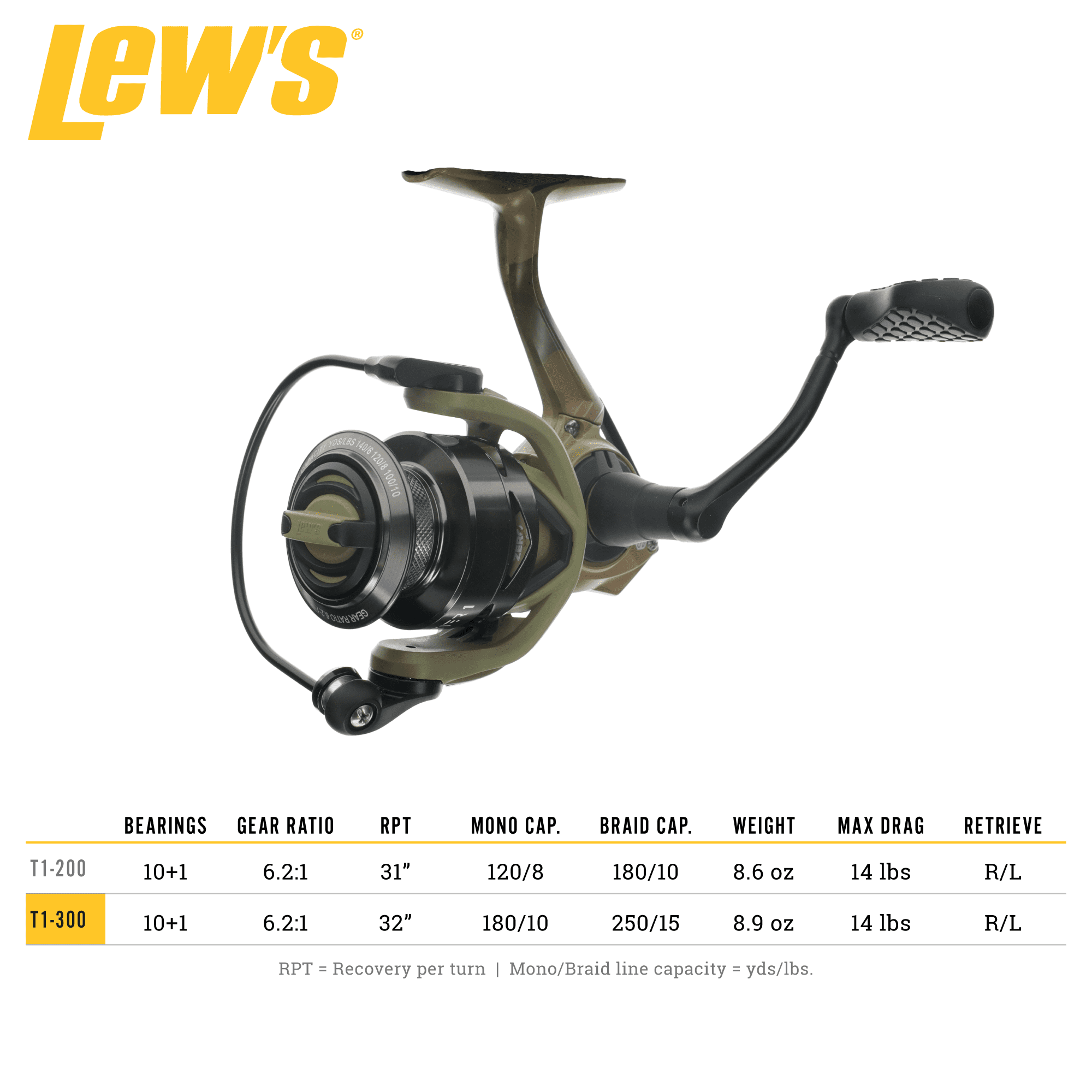 Lew´s American Hero Tier 1 Spinning Reel， 10+1 Stainless Steel Ball  Bearings， Size 200， 6.2:1 Gear Ratio， Right or Left-Hand Retrieve， Multicam