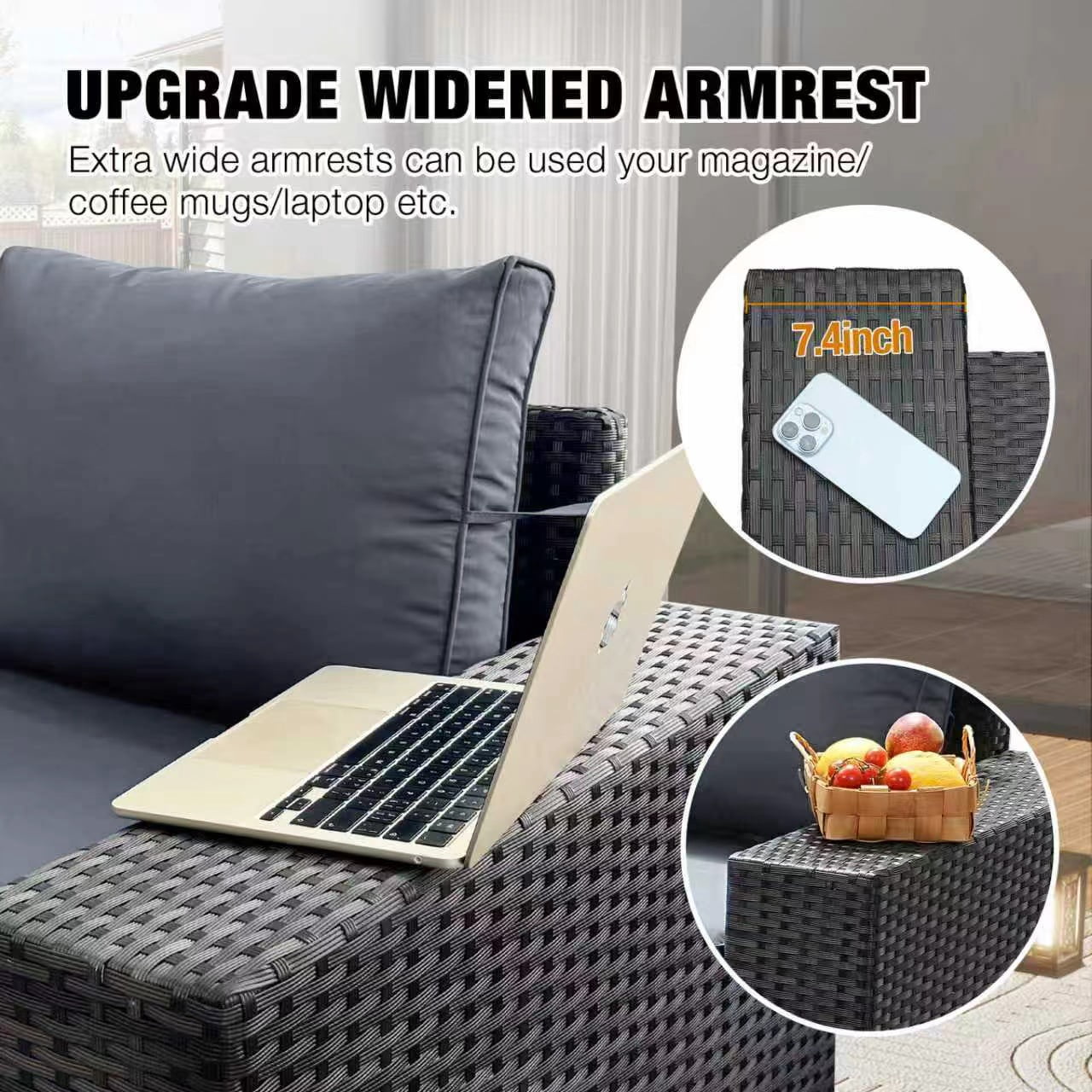 JOYURE 6 Pieces Patio Furniture set All-Weather Outdoor Wicker Sectional Conversation Sofa Rattan patio seating sofa with cushion and Glass Table and Ottoman for Porch Poolside,Grey