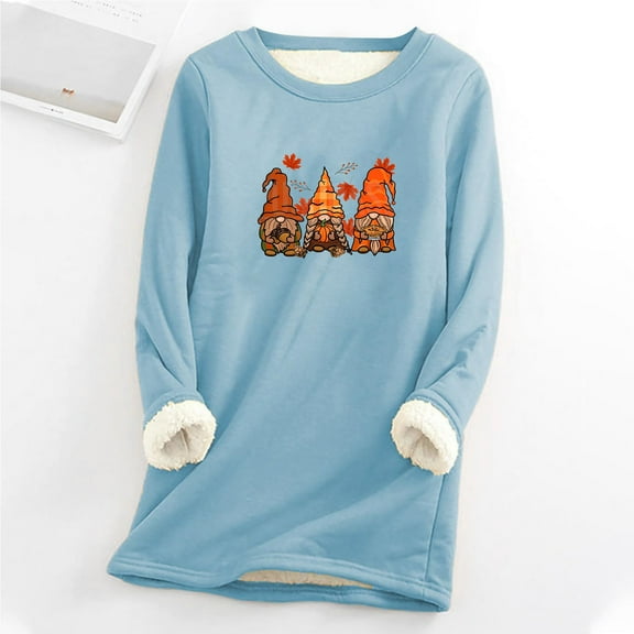 AOOCHASLIY Thanksgiving Day Women Tops Women's Printing Round Neck Thickened Plush Warm Long Sleeve Tops