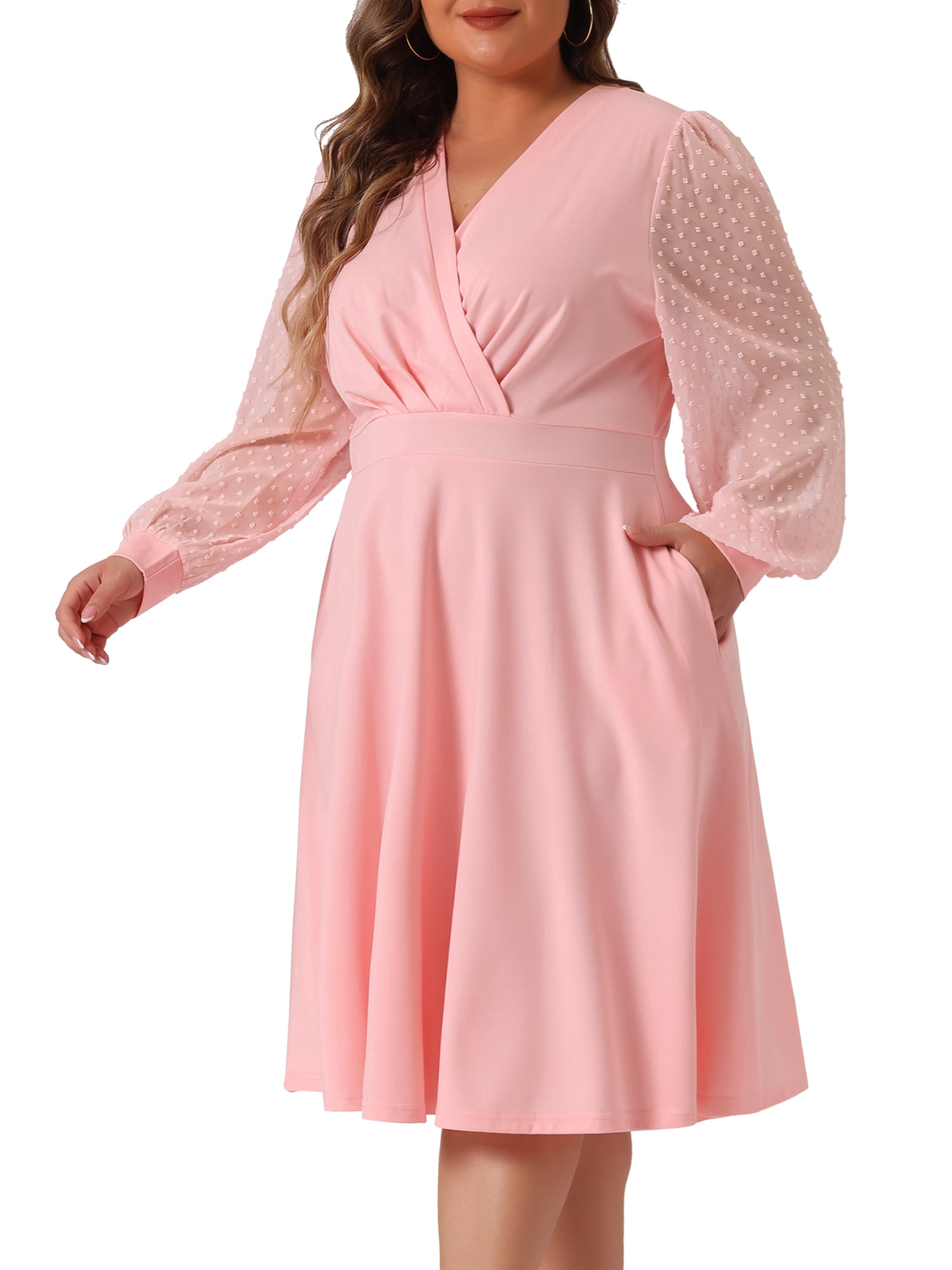 DARING DIVA Plus Size Swiss Dots Wrap V Neck Knee Length Dress 3X Pink