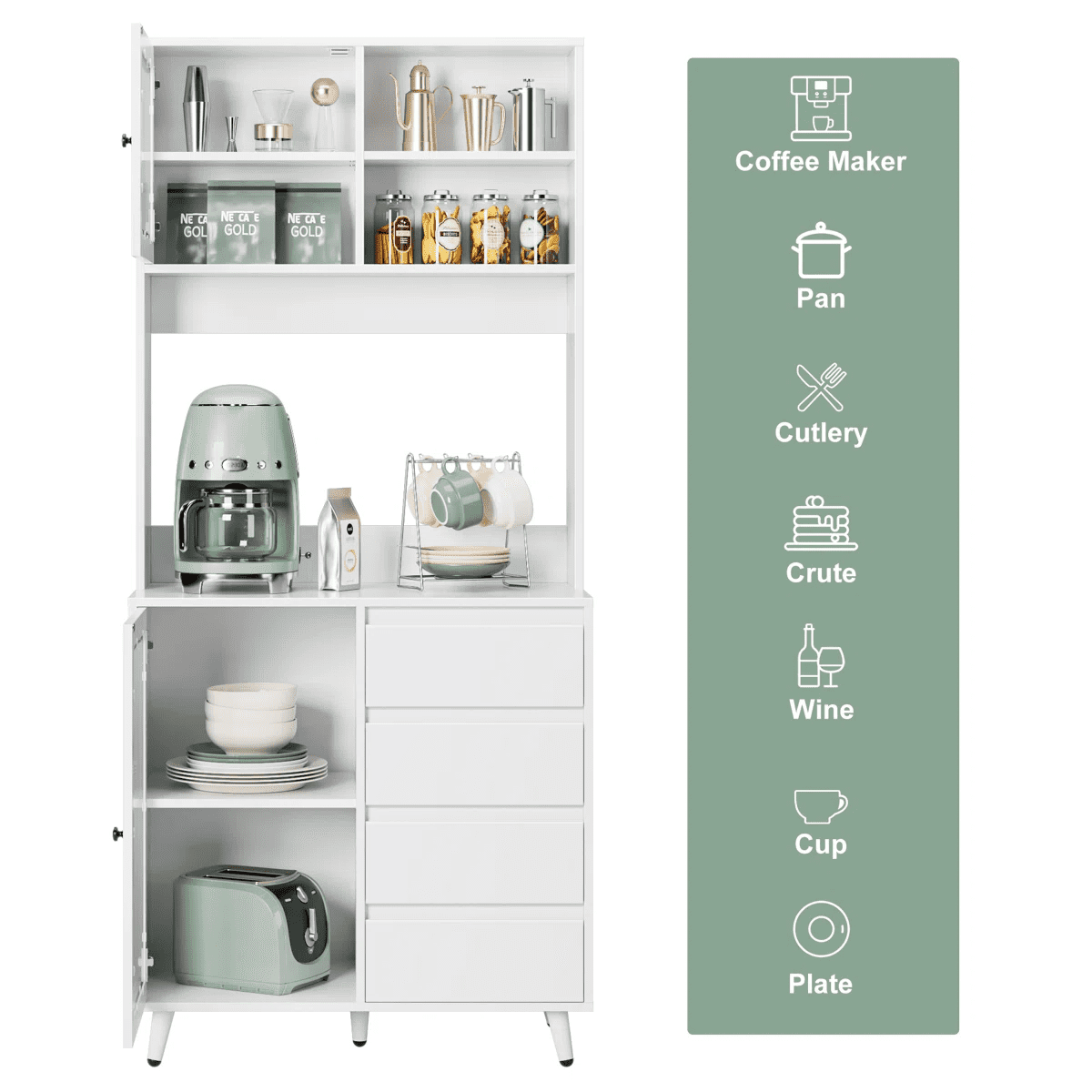 Homfa 70''H Pantry Storage Cabinet, Kitchen Hutch Cabinet with Tempered Glass Doors & 2 Adjustable Shelves, White