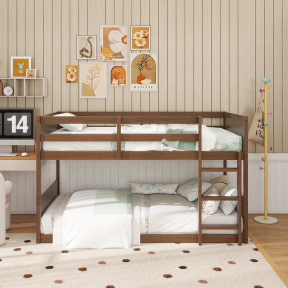 Twin over Twin Floor Bunk Bed with Panelled Headboard and Footboard, Solid Rubber Wood Foundation with Safety Guardrails, Built-in ladder,Antique Oak