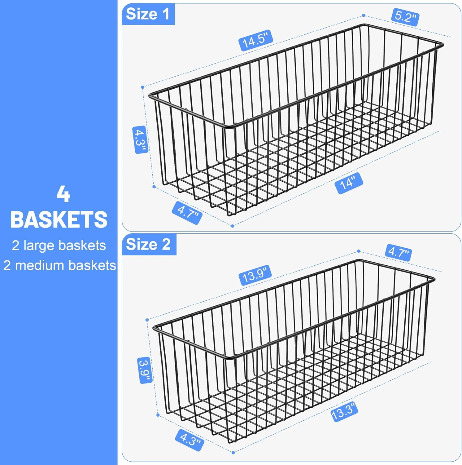 Wetheny Black Wire Basket Wall Mounted(4 Pack) - Metal Toilet Paper Storage Basket - Rectangular Wire Baskets for organizing Kitchen,Bathroom,Countertop