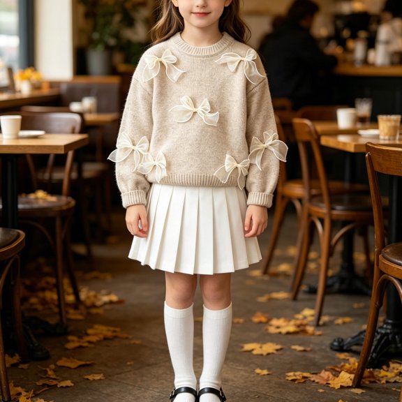 GiLiling Girls Round Neck Knitted Sweater with Cute Bow Decor, Solid Color Long Sleeve Pullover Top, Casual Knitwear for Kids Fall Winter School Outfits (Khaki, 3-4 Years)