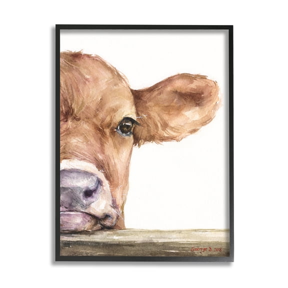 Stupell Industries Baby Calf Cow Resting Head Up-Close Rural Painting Black Framed Art Print Wall Art, Design by George Dyachenko