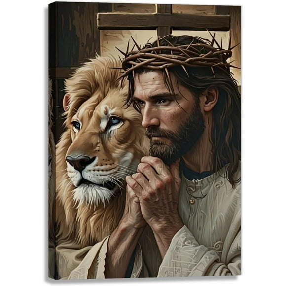 RAYZEL Jesus And Lion Wall Art Vintage Cross Religious Christianity Picture Wall Decor Poster Art Print for Living Room Bedroom Office Home Decoration(Art-4) Unframe: 24x16in