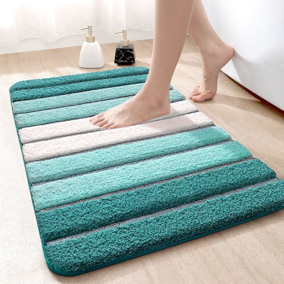 OEAKAY Turquoise Teal and White Microfiber Bath Mat Bathroom Rug, 16" x 24", Soft Absorbent Non-Slip Machine Washable