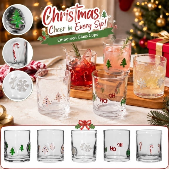Christmas Glass Cups Embossed Glass Cups Holiday Coffee Cups Clear Drinking Glasses for Christmas Table Decor Festive Drinkware for Home Bar Seasonal Parties Host and Housewarming
