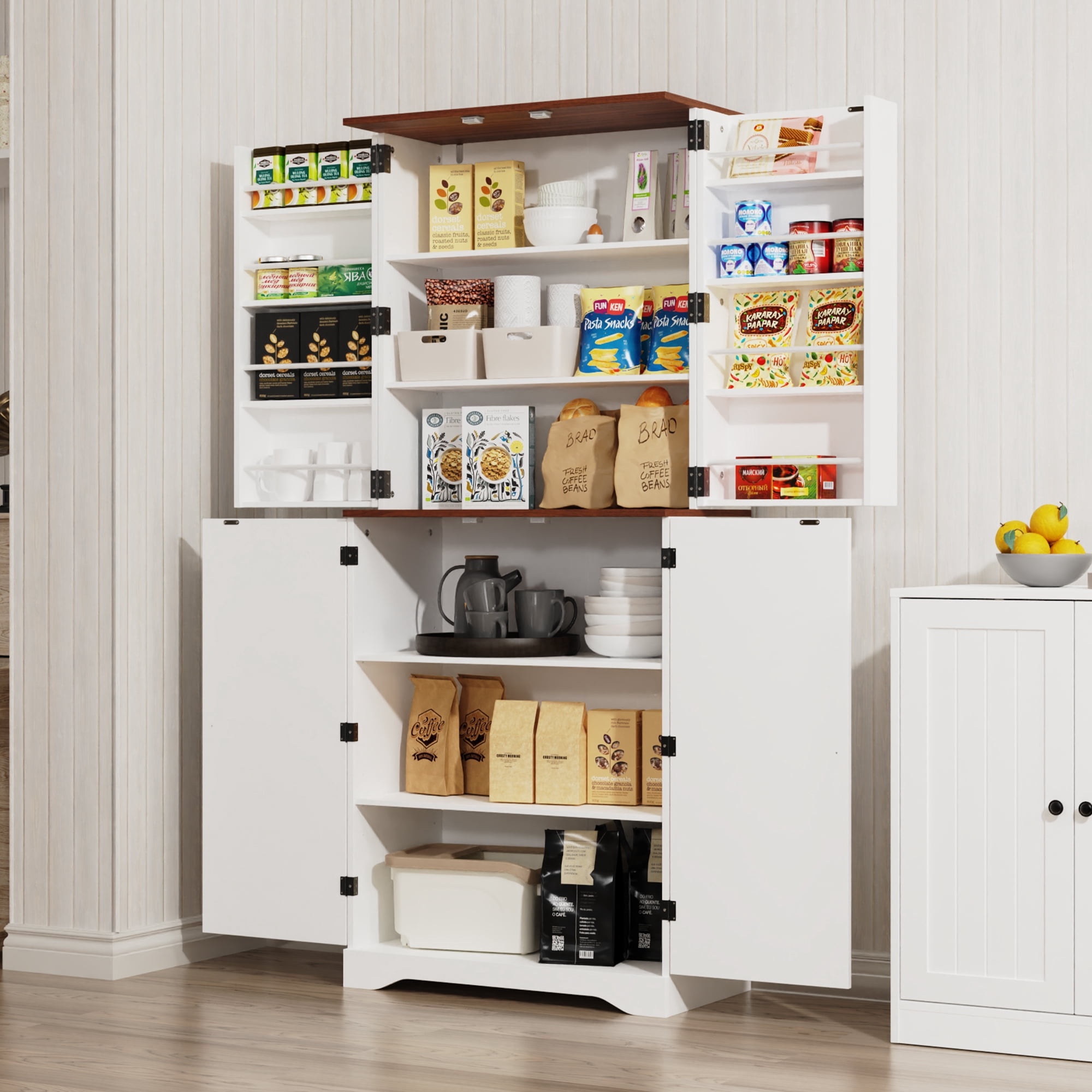 Farmhouse Pantry Storage Cabinet, 72" Tall Kitchen Pantry with Doors Organizer, Freestanding Cupboard with Adjustable Shelves, Rustic Buffet Cabinet for Kitchen, Dining Room, Bathroom, White
