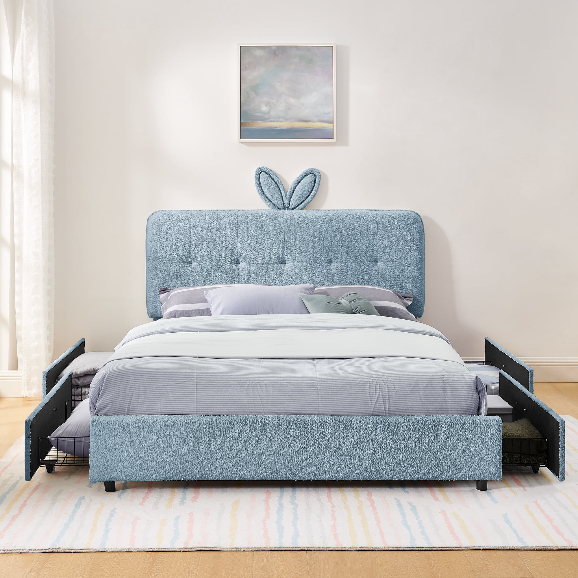 Mintazer Queen Upholstered Kids Bed with Oversized Rabbit Ear Headboard, Boucle Fabric Platform Bed with LED Headboard & 4 Storage Drawers, Blue