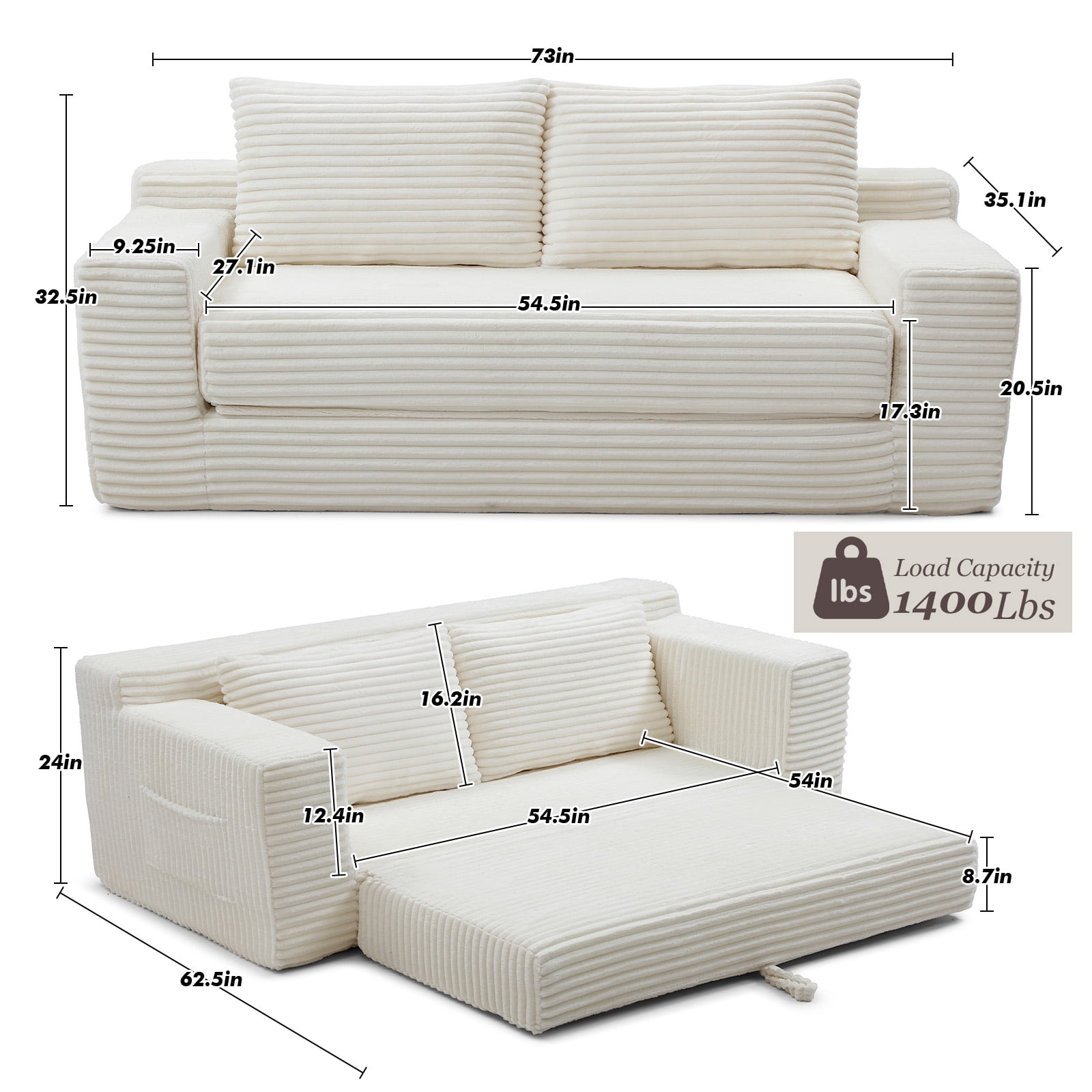 Memory Foam Cloud Sofa Bed 2-in-1 Couches No Assembly Corduroy Small Space Apartment Living Room,beige