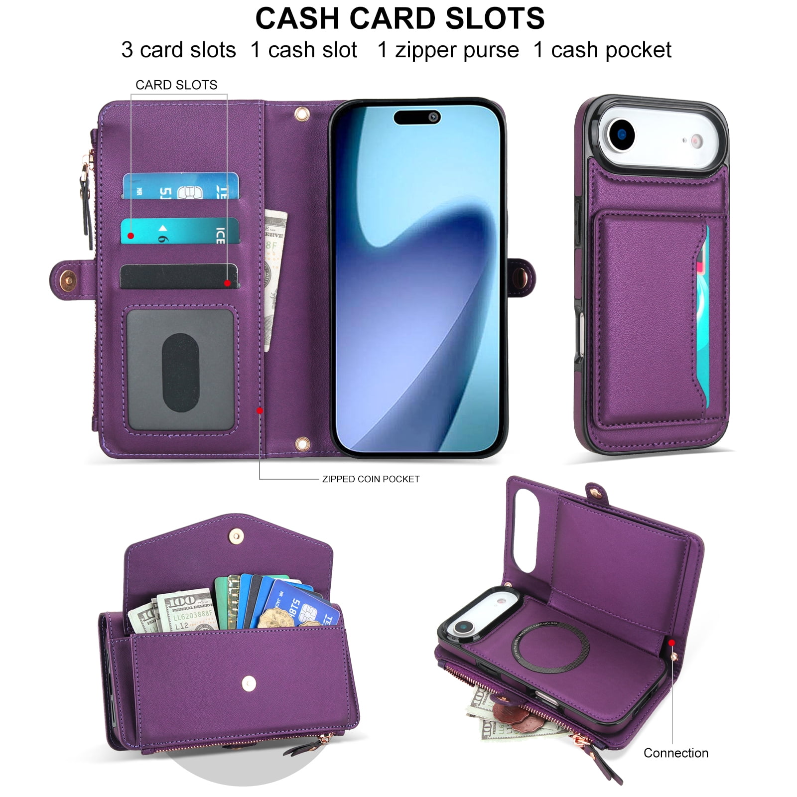 Designed for iPhone 17 Air Multi-Function Wallet Phone Case,With Shoulder Strap&Wrist Strap,Cash Pocket&Card Slots,Zipper Purse,Magnetic Detachable PU Leather Flip Phone Case,Purple