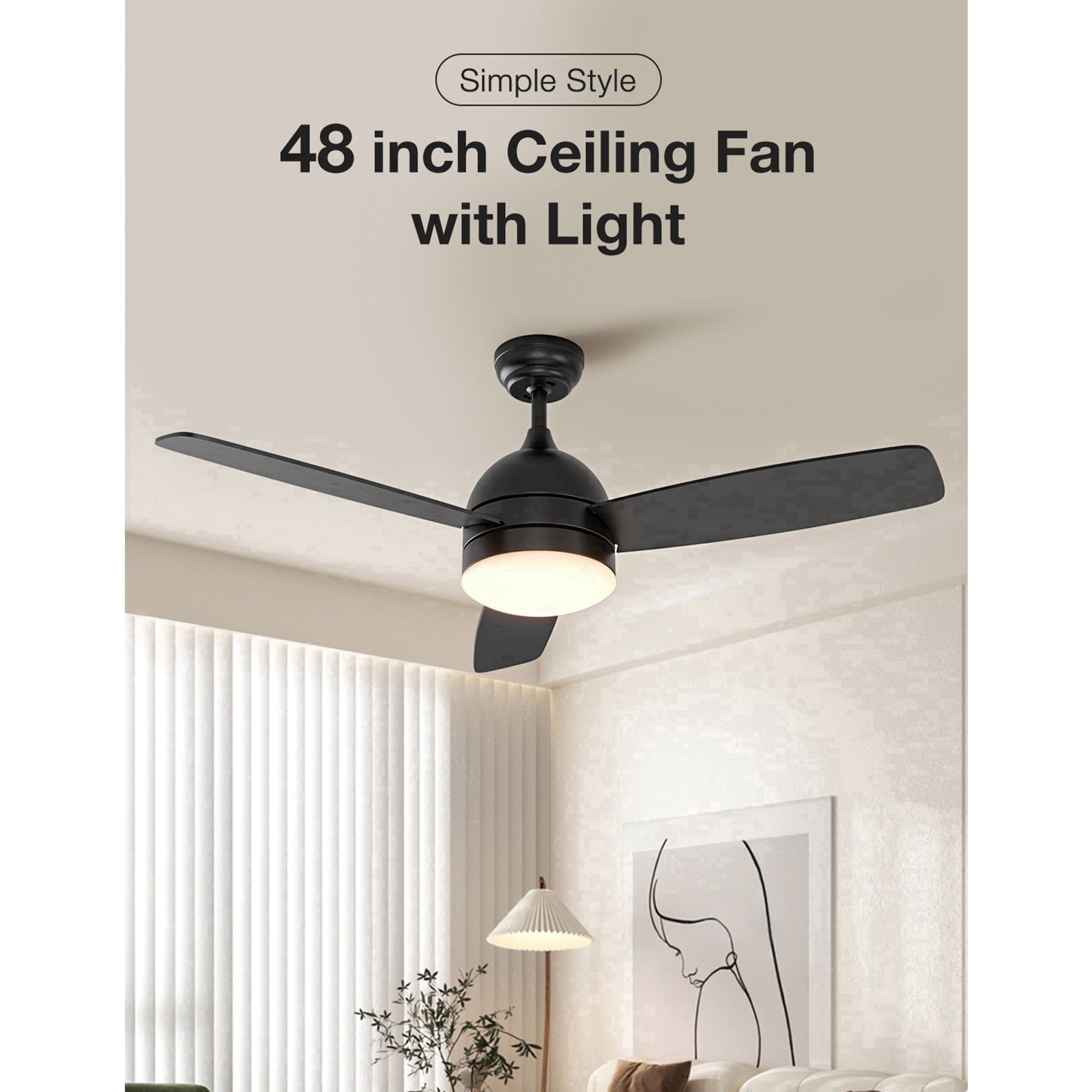 Warmiplanet 48" 3-Blades Modern Ceiling Fan with Light & Remote, Black, Dual-Color Blades, 6 Speeds, 3-Color Light