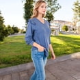 thumbnail image 7 of Women's Long Sleeve V-Neck Top with Ruffled Shoulder Detail - Small, Blue, 7 of 7