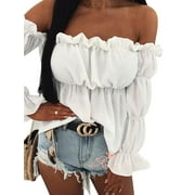 Women Sexy Strapless Long Sleeve Ruffled Crop Top Plus Size Casual Off Shoulder Tube Top Blouse