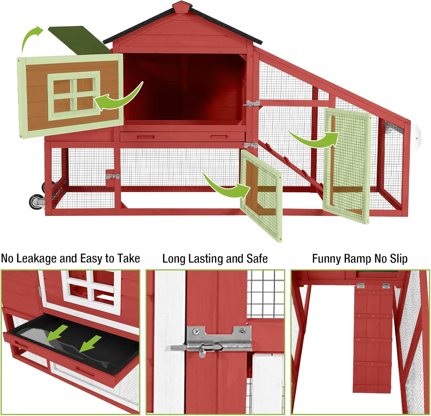 MEDEHOO Chicken Coop Mobile Chicken House On Wheel Outdoor Rabbit Hutch for 2-4 Chickens 67"(Red)