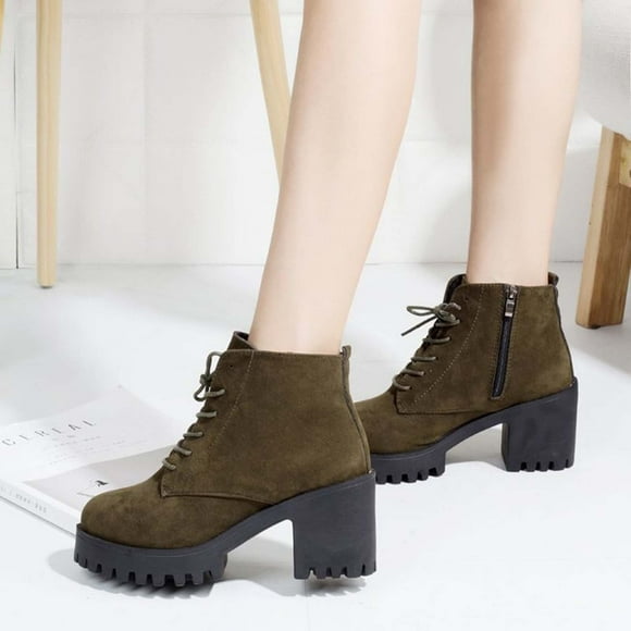 EGNMCR Ankle Boots for Women Women's Winter Flock Boots Chunky Heel High Heel Short Boots Round-Toe Side Zipper Boots