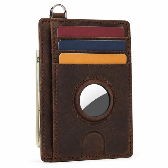 QXWPBV Men's Card Wallet with AirTag Holder, Cowhide Leather, Dark Brown