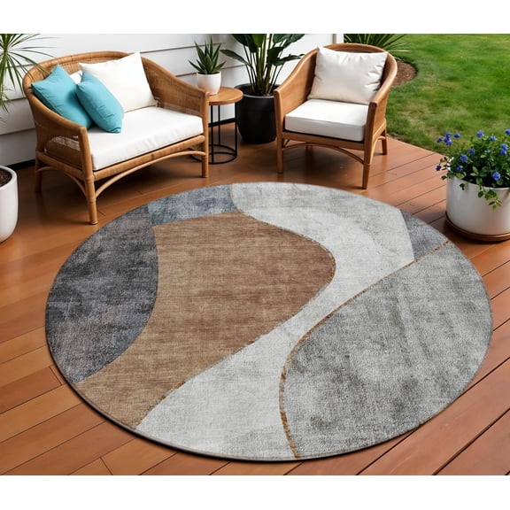 8' Gray Charcoal And Brown Round Abstract Washable Indoor Outdoor Area Rug