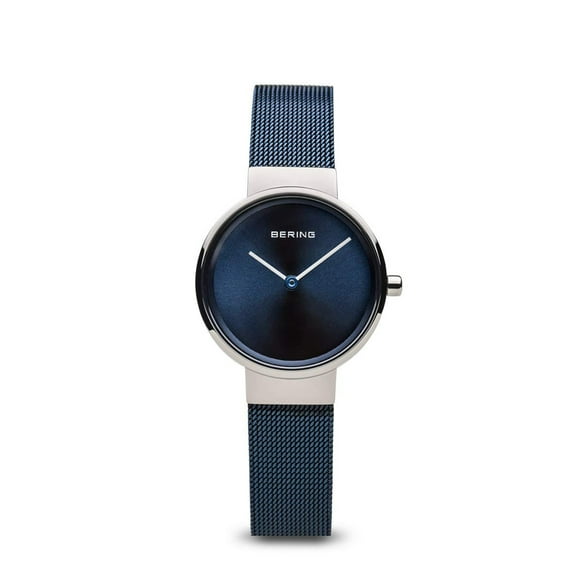 Bering 26mm Silver Stainless Steel Case, 12mm Lug Width, Blue Dial, Sapphire Crystal, Mesh Band, Quartz Movement.