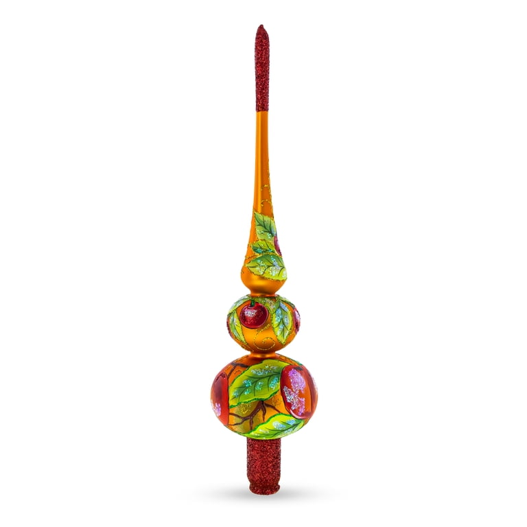 Hand-Painted Glass Christmas Tree Topper – 12.5 Inch Red Glitter Clock On Double Ball