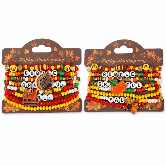 Thanksgiving Beaded Bracelet Set, Stackable Turkey Pumpkin Charms
