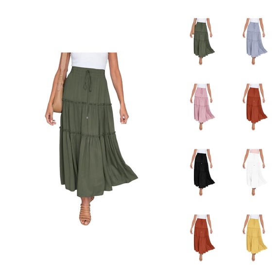 Flowy Boho Maxi Skirts for Women Elastic High Waist A Line Pleated Tiered Flowy Beach Long Skirts