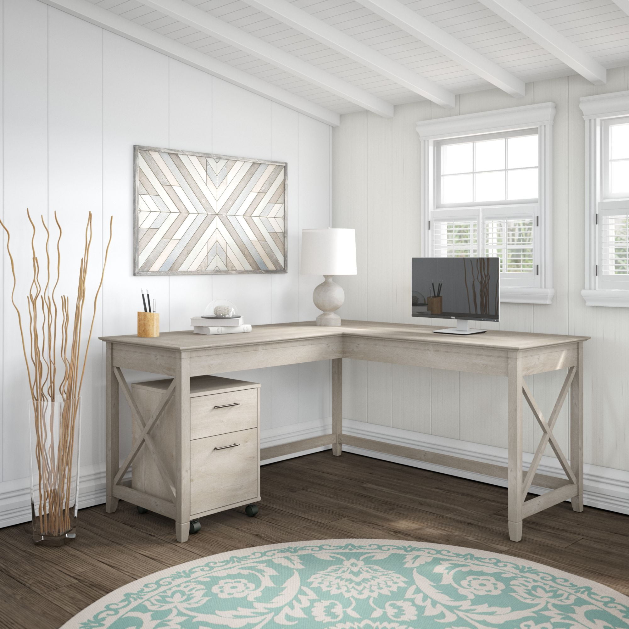 Bush Furniture Key West 60W L Shaped Desk with 2 Drawer Mobile File Cabinet in Washed Gray
