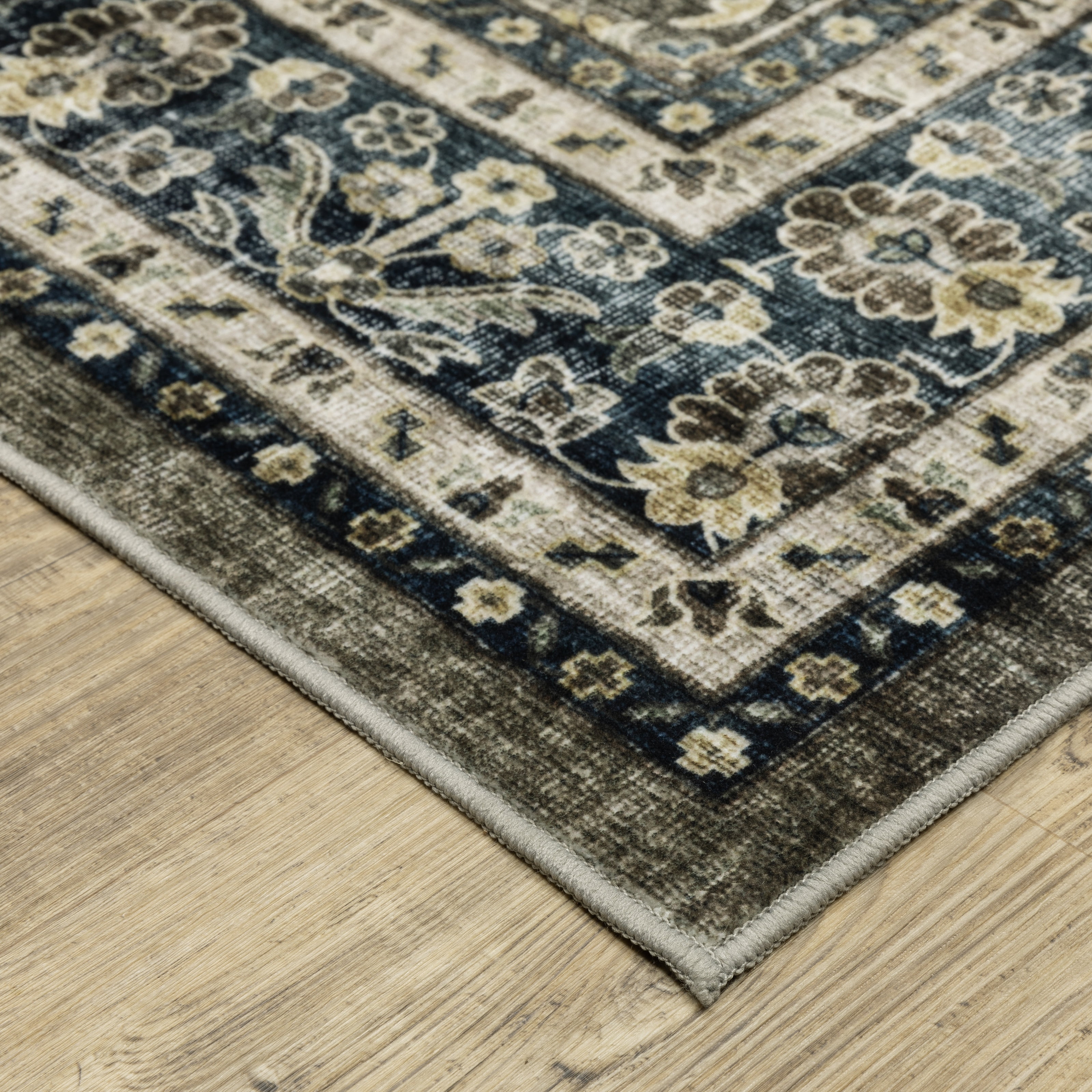 Avalon Home Sebastian Vintage Bordered Charcoal Grey/ Blue Washable Indoor Area Rug