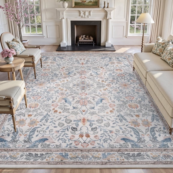SIXHOME 9'x12' Rugs for Living Room Botanical Washable Rugs Boho Floral Birds Carpet Ultra Soft Nature Plants Modern Indoor Rugs for Bedroom Dining Room Office Vintage Home Decor Beige