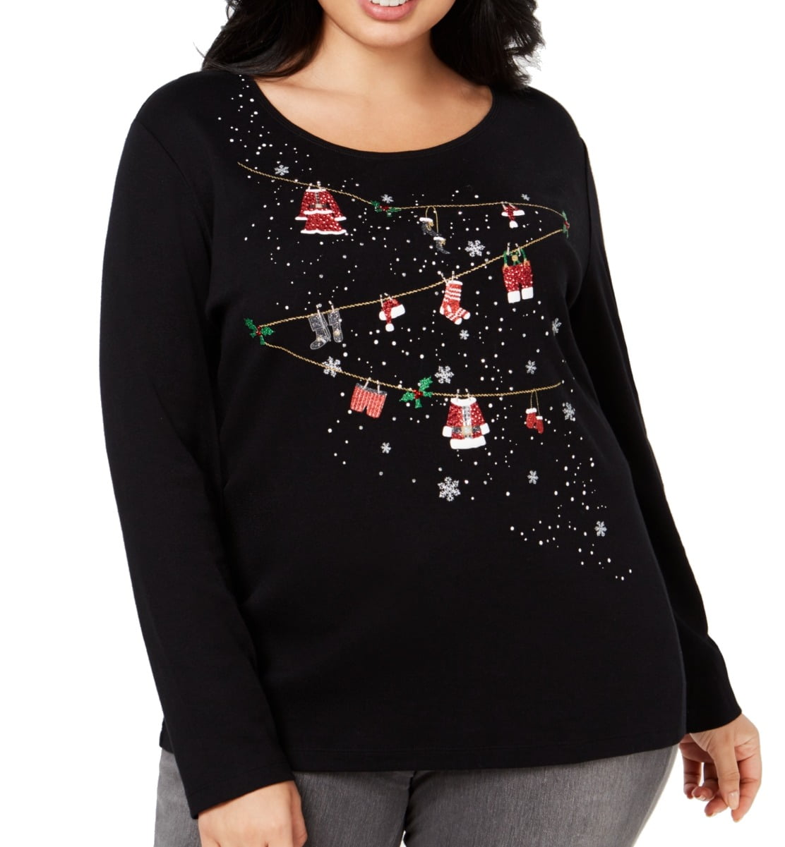 Karen Scott Womens Top Plus Knit Embellished Christmas Graphic 3X