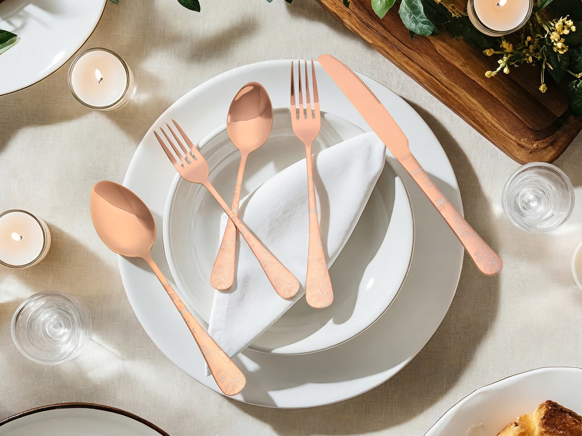 Unique Bargains 20 Piece Stainless Steel Floral Flatware Silverware Set for 4 Rose Gold
