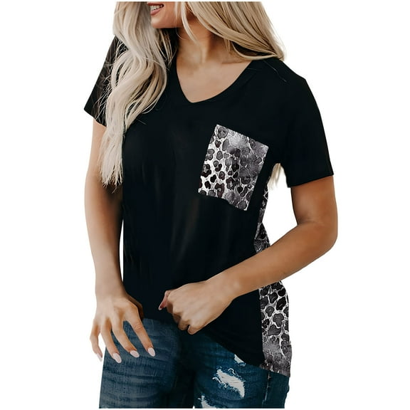 Summer Tshirts for Womens Fashion Short Sleeve V Neck Tops Leopard Pocket Patchwork Tunic Basic Tee