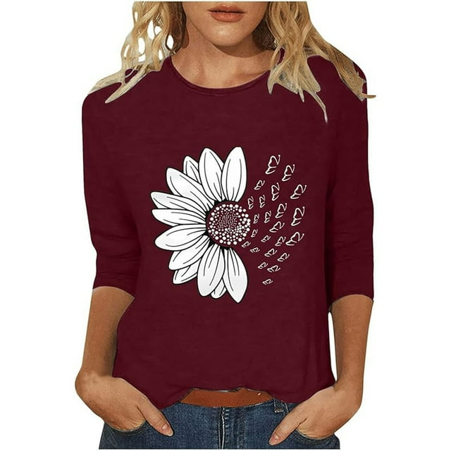 T-Shirts Décontractés à Col Rond Imprimé Floral Manches 3/4 pour Femmes, Pack de T-Shirts Burnout pour Femmes, Ensemble de T-Shirts d'Entraînement pour Femmes