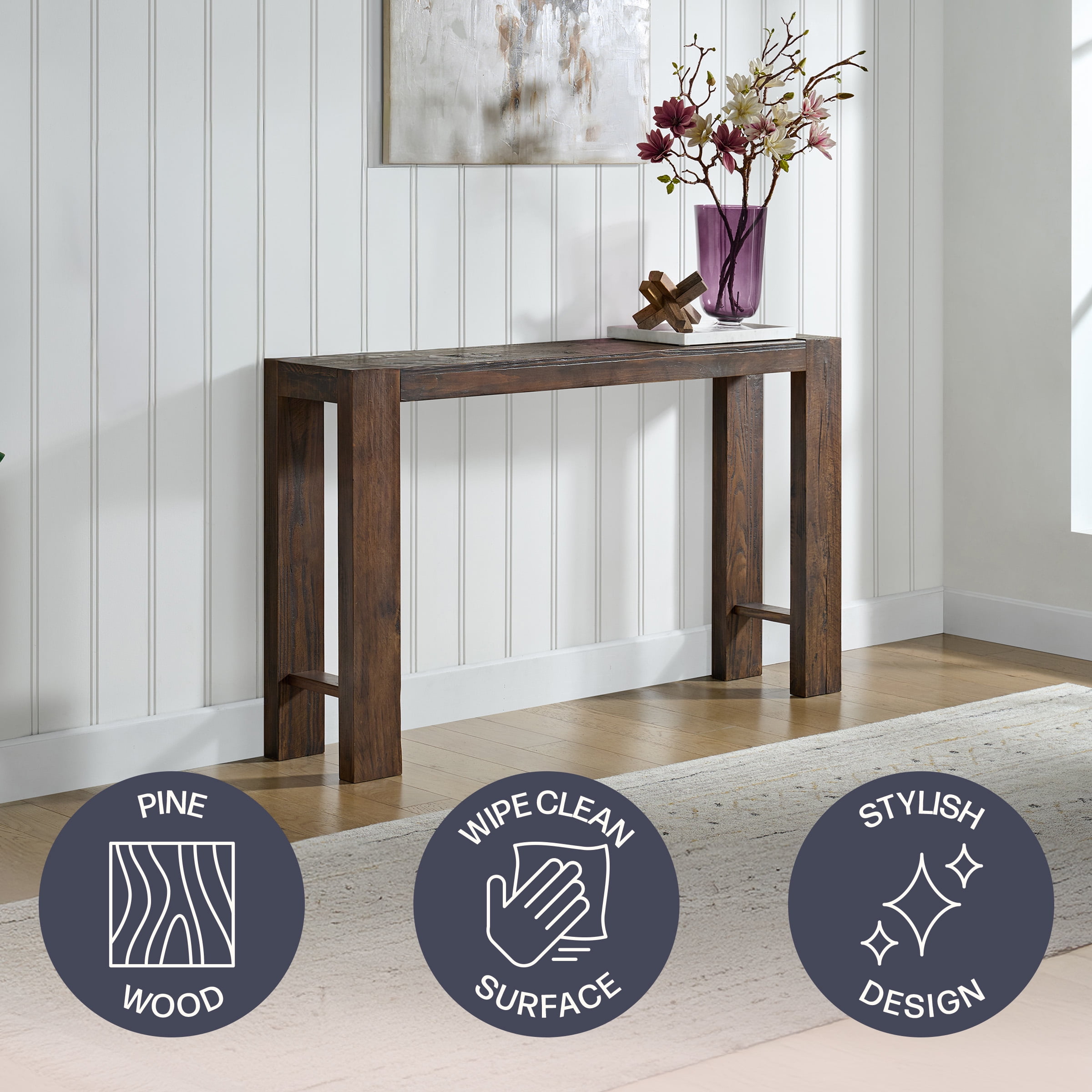 Alaterre Furniture Classic Solid Wood Console Table - 56in Modern Farmhouse Entryway Table, Brown
