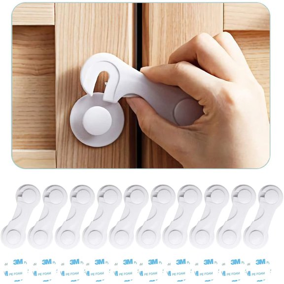 Child Safety Cabinet Locks (10 Pack) - Baby Proofing Latches Lock for Drawers, Toilet Seat, Fridge, Oven, with 10 Extra 3M Adhesives - White