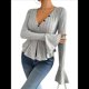 thumbnail image 3 of Camiseta Elegante de Larga con Cuello en V para Mujer, Otoño e Invierno, con Volantes, Corte Entallado y Mangas Acampanadas Gris XL, 3 of 9